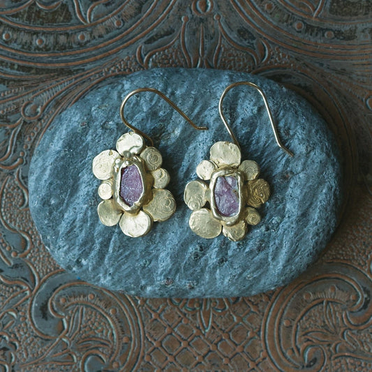 Brass Vanity Dangle Earrings with Raw Rubies