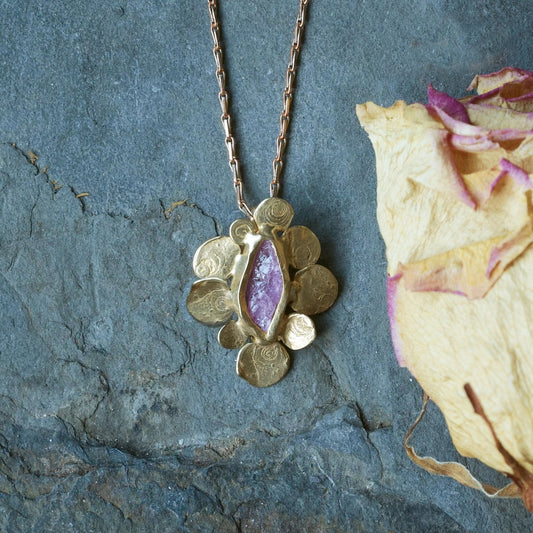 Brass Vanity Pendant Necklace with Raw Ruby