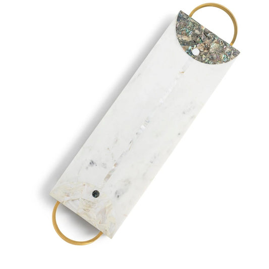 White Marble + Mother-of-Pearl Cheese Board with Brass Handles