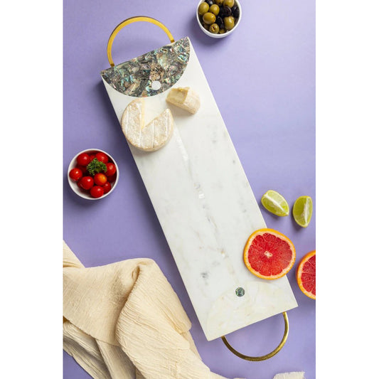 White Marble + Mother-of-Pearl Cheese Board with Brass Handles