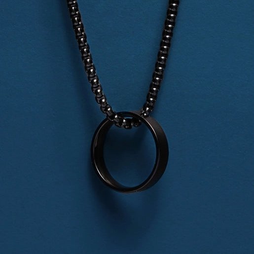 Black Ring Pendant on 3mm Venetian Round Box Chain Necklace (select size)
