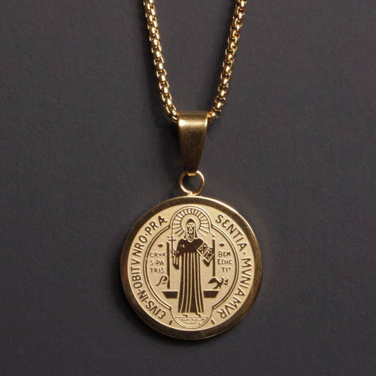 Gold Plated Stainless Steel Large St. Benedict Medal Pendant Necklace