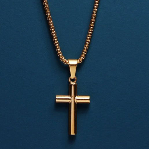 Gold Plated Stainless Steel Bamboo Cross Pendant Necklace