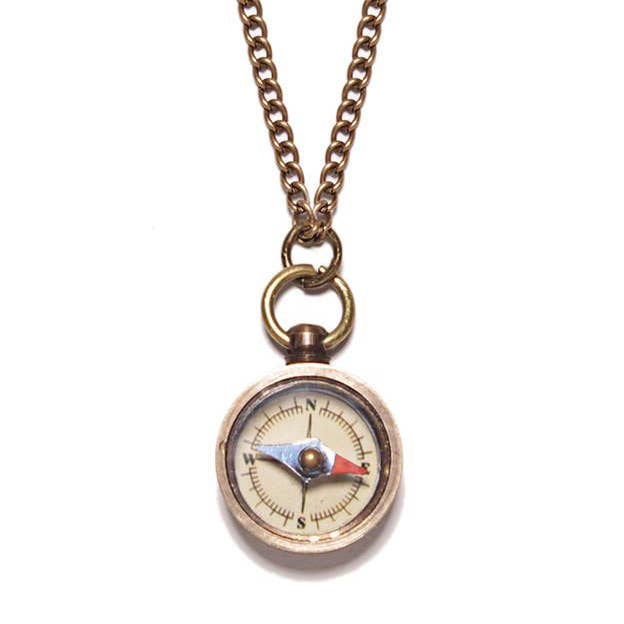 Miniature Brass Antique-Style Compass Pendant Necklace