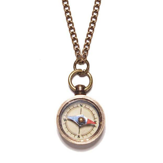Miniature Brass Antique-Style Compass Pendant Necklace