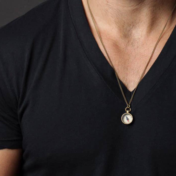 Miniature Brass Antique-Style Compass Pendant Necklace