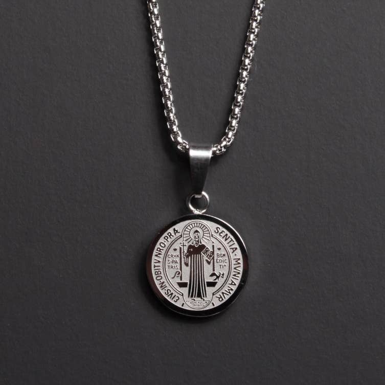 Stainless Steel Small St. Benedict Medal Pendant Necklace