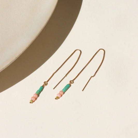 Coral + Turquoise Threader Earrings - Gold Fill