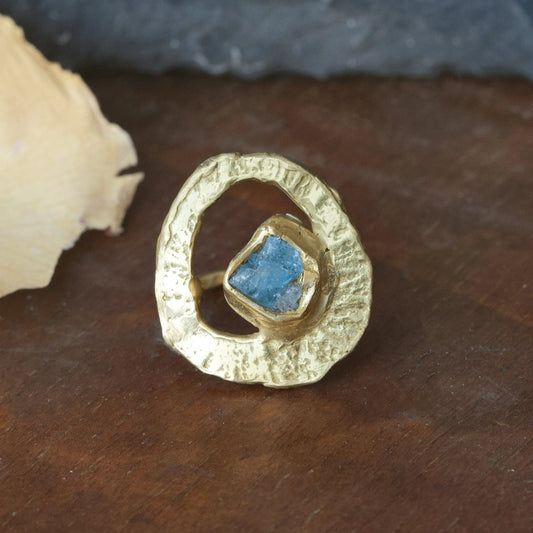 Brass Whirlpool Statement Ring with Raw Aquamarine
