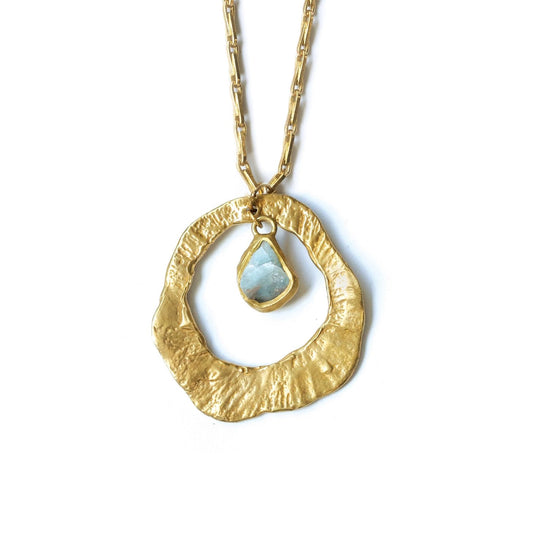 Brass Whirlpool Solo Pendant with Raw Aquamarine on Long Chain