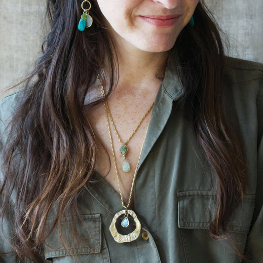 Brass Whirlpool Solo Pendant with Raw Aquamarine on Long Chain