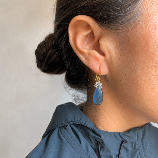 ‘Caviar Dew Drop’ Earrings with Labradorite - Gold Fill + Sterling Silver