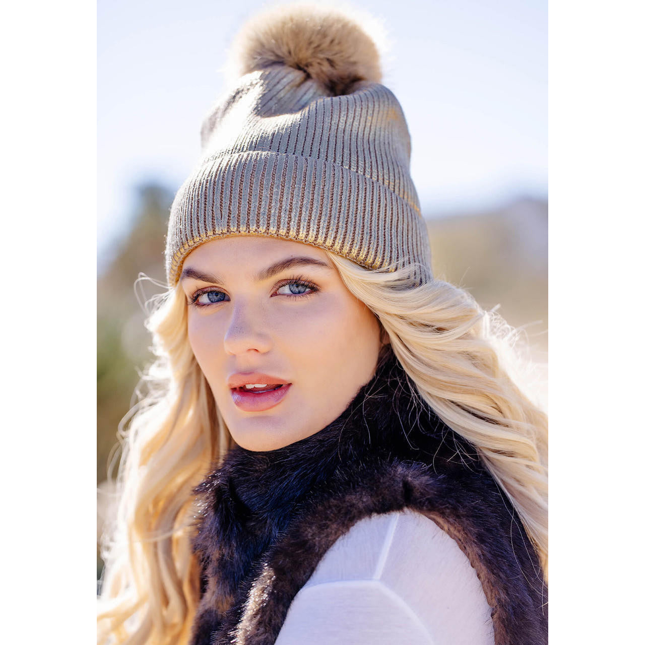 Metallic Knit Faux Fur Pom Hat - Gold