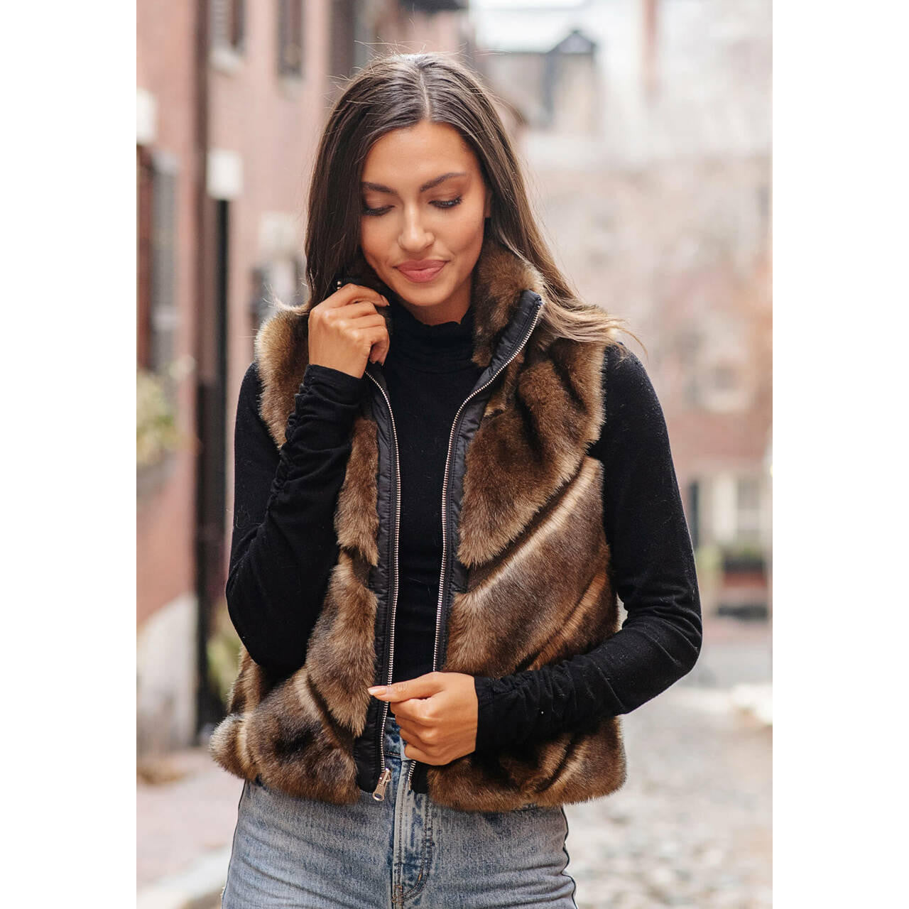 Reversible Faux Fur 'Chevron Shortie' Vest - Sable/Black