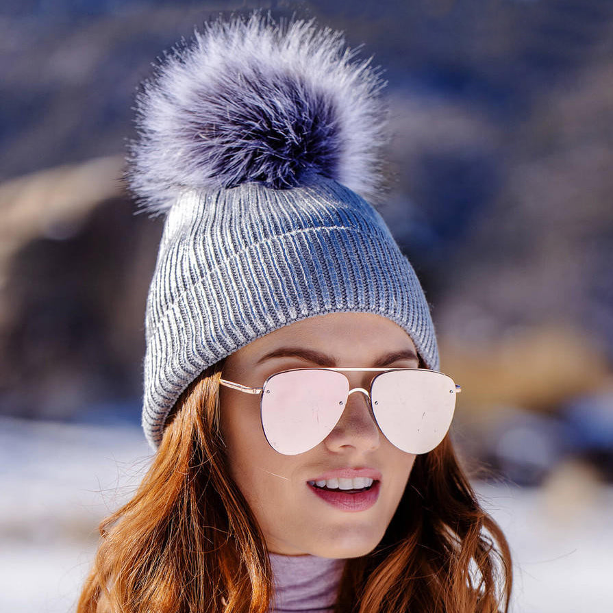 Metallic Knit Faux Fur Pom Hat - Silver