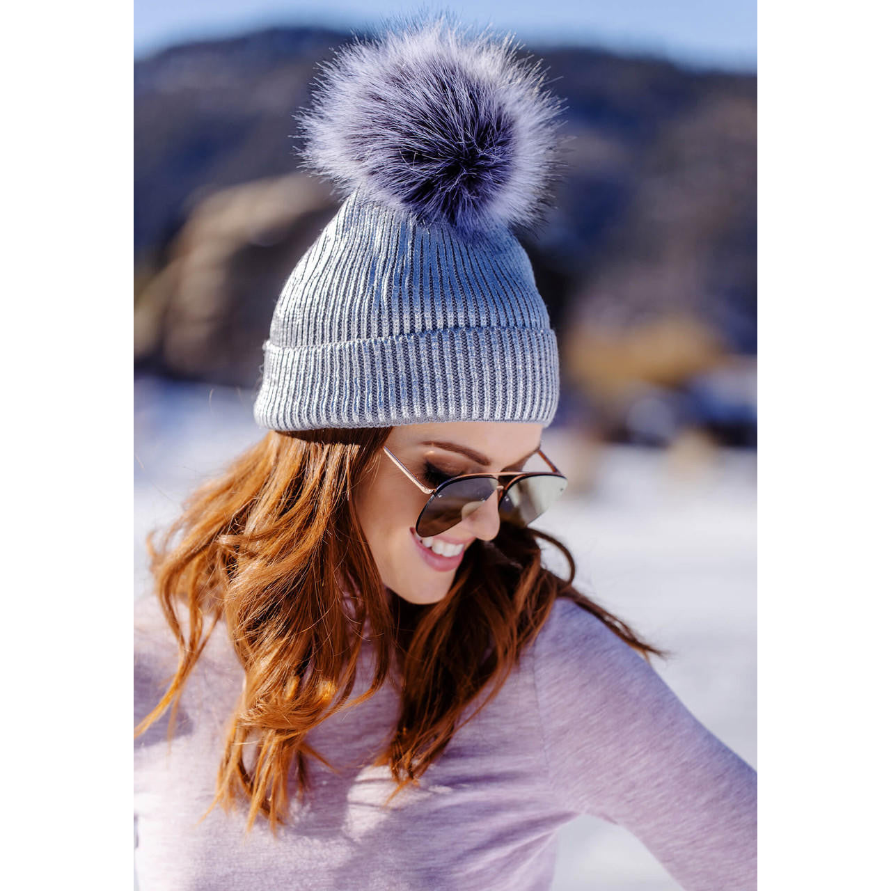 Metallic Knit Faux Fur Pom Hat - Silver