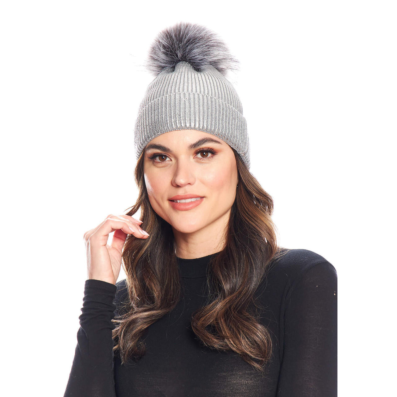 Metallic Knit Faux Fur Pom Hat - Silver