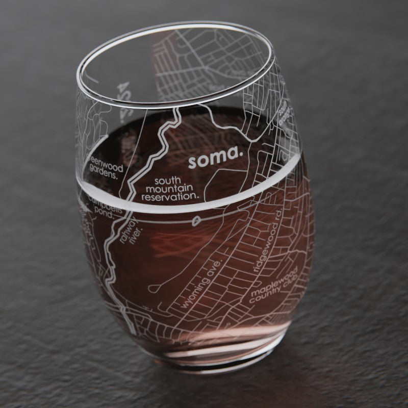 "SOMA" Etched Map Stemless Wine Glass