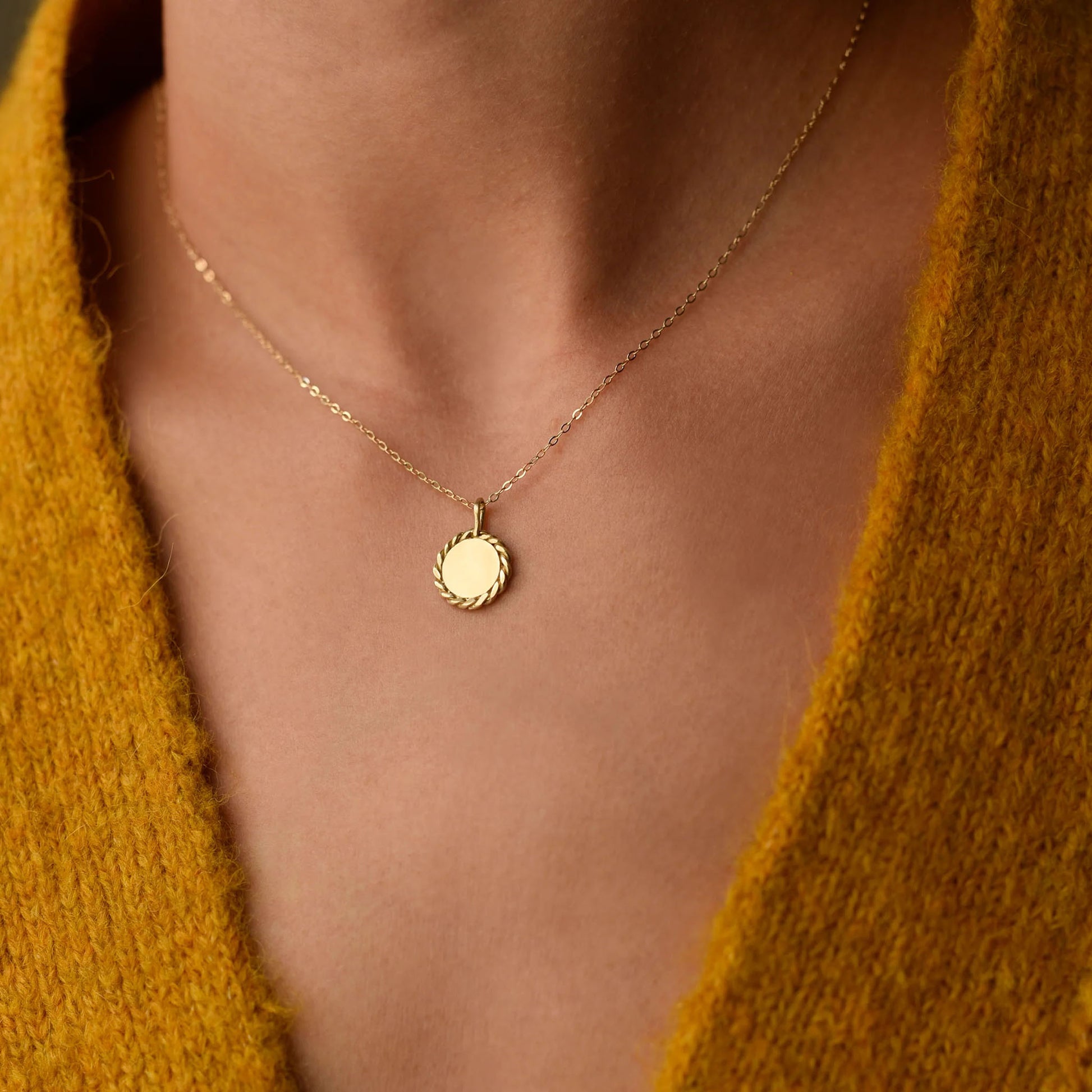 Brass Rope Edged Disc Pendant Necklace