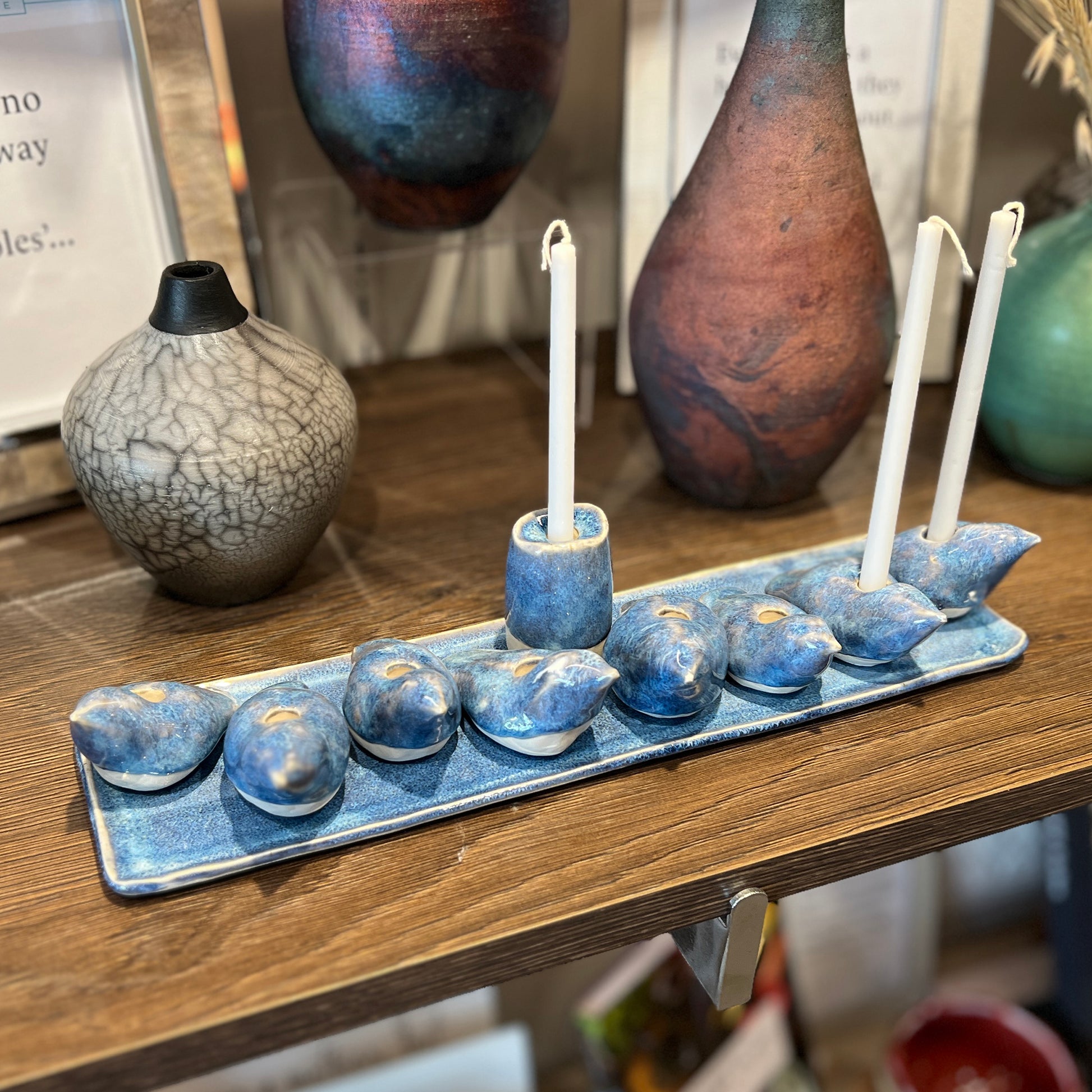 One-of-a-Kind Porcelain Little Birds Menorah - Blue Swirl Glaze