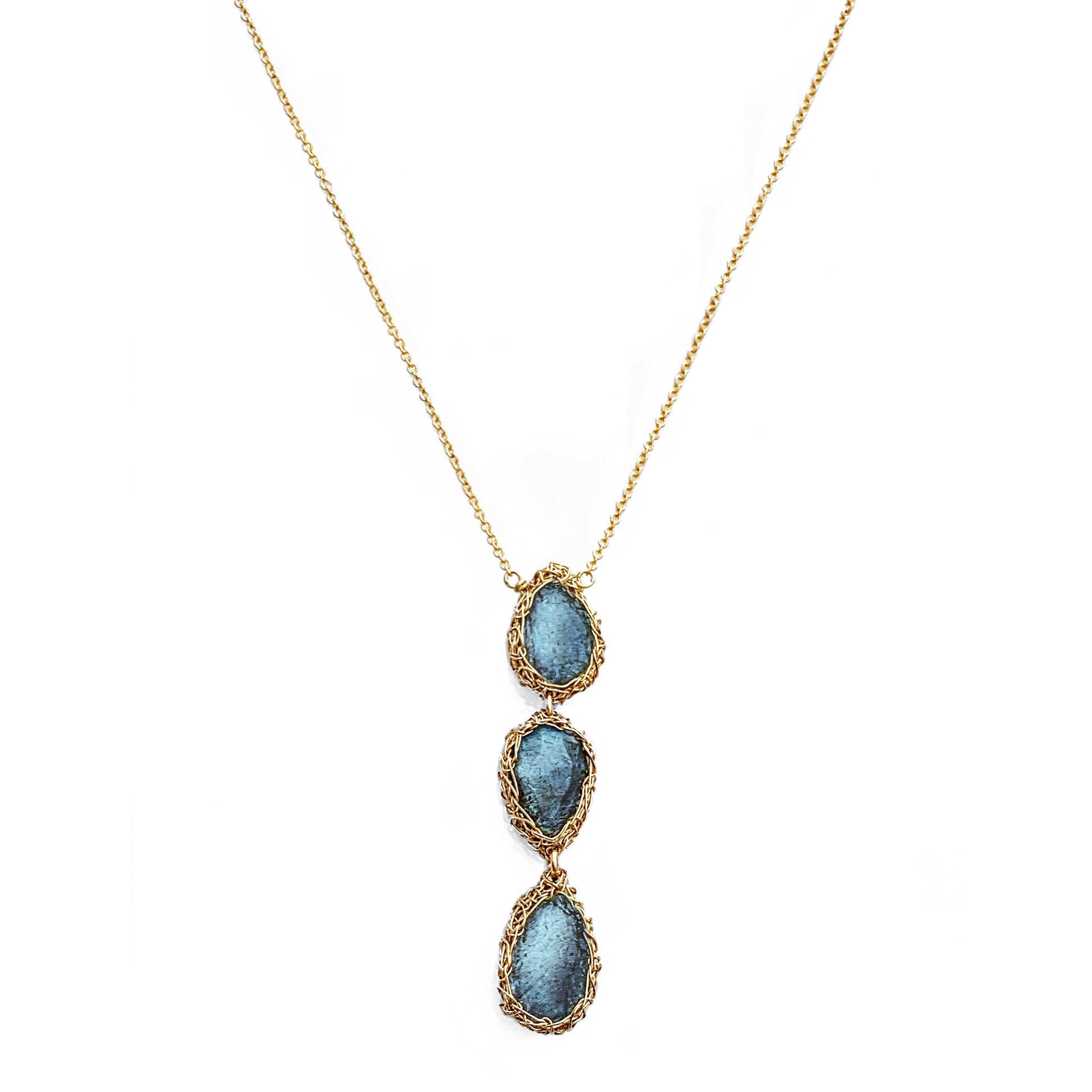 Labradorite Trinity Drop Pendant Necklace with Hand Crocheted Gold Fill Wire