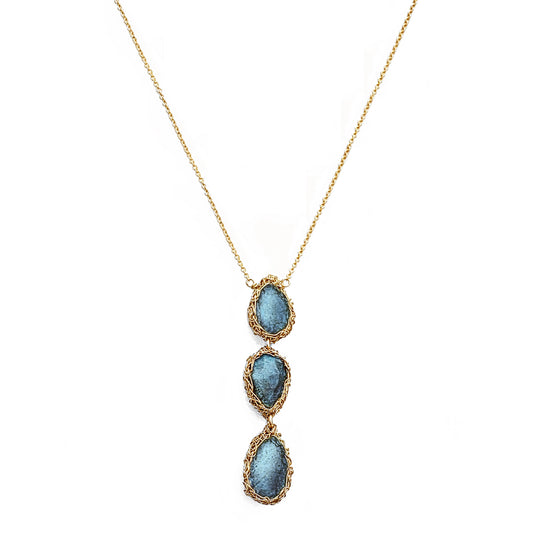 Labradorite Trinity Drop Pendant Necklace with Hand Crocheted Gold Fill Wire
