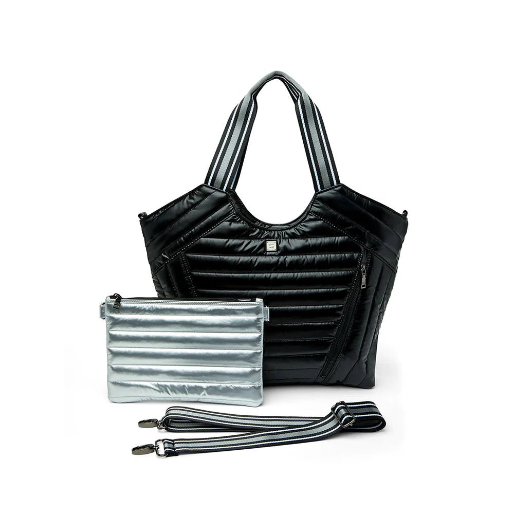 Quilted 'Puzzle Tote' Bag with Pouch - Shiny Black + Silver