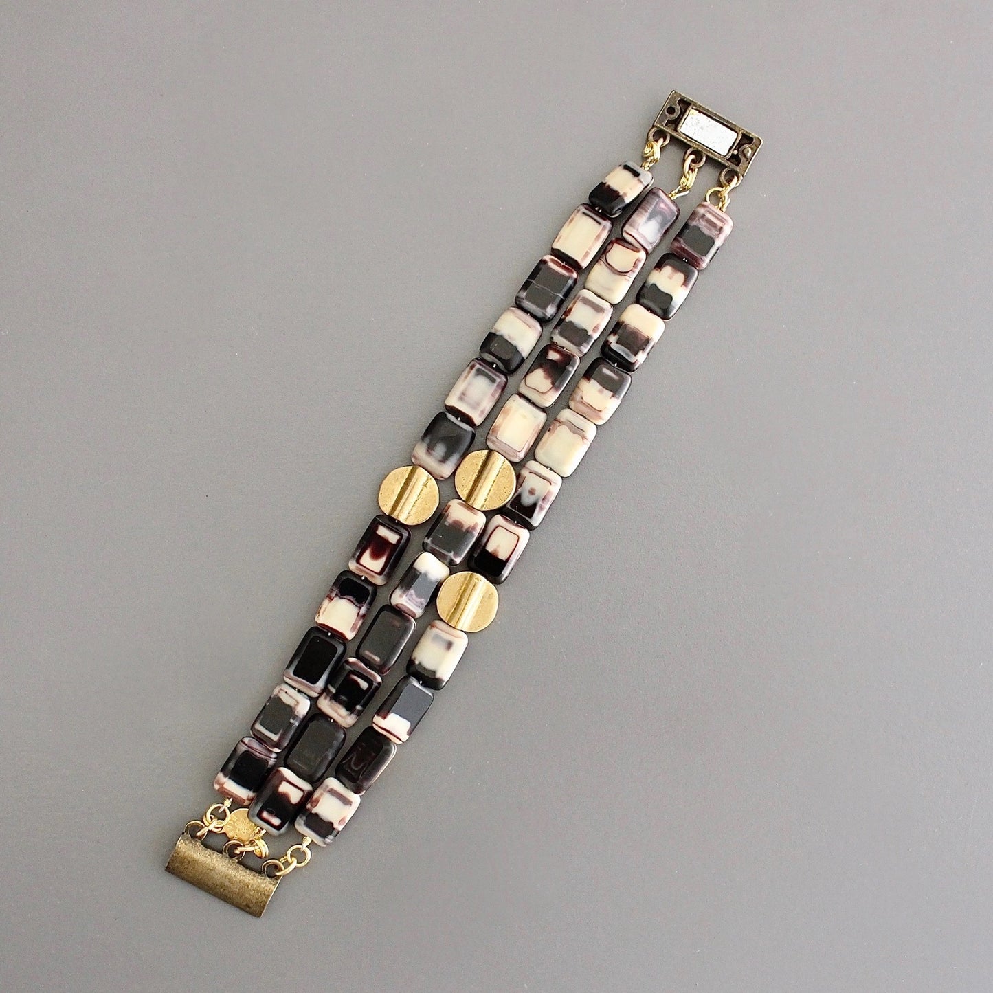 Glass + Brass Triple Strand Bracelet