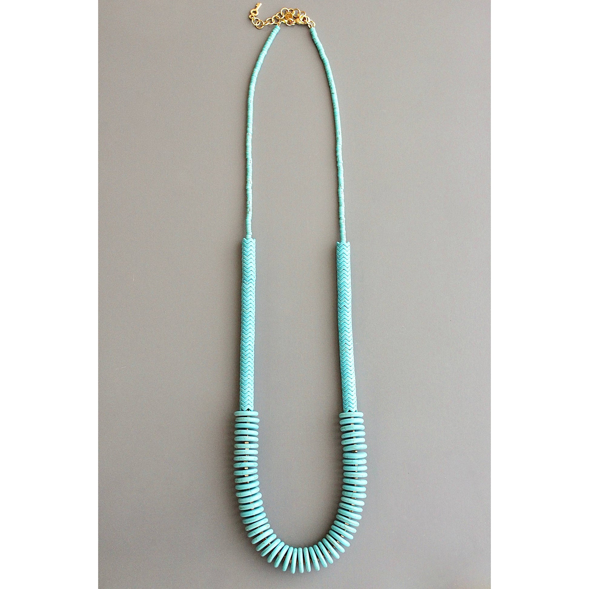 Turquoise Stone Discs + Brass Long Statement Necklace