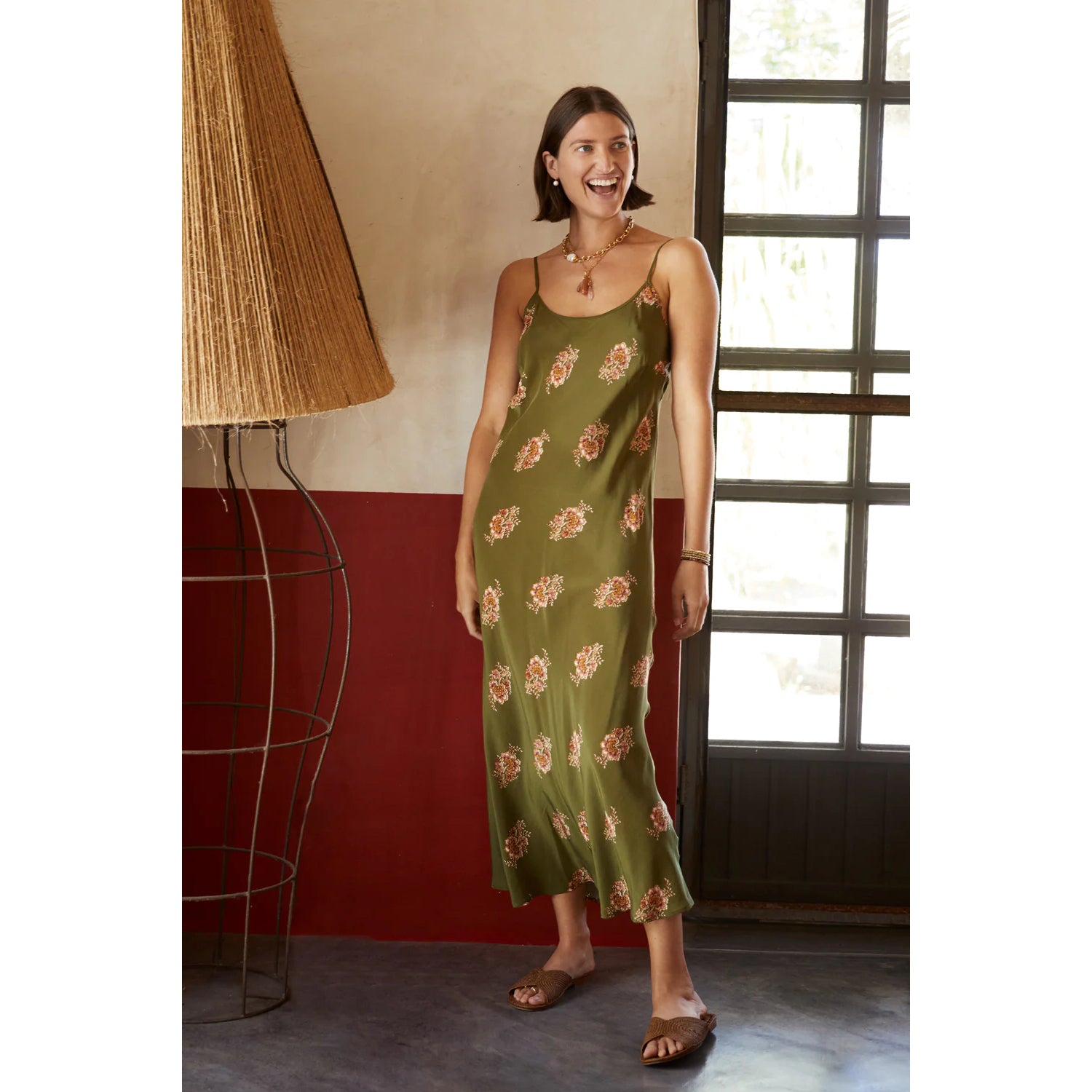 Olive green silk slip dress best sale