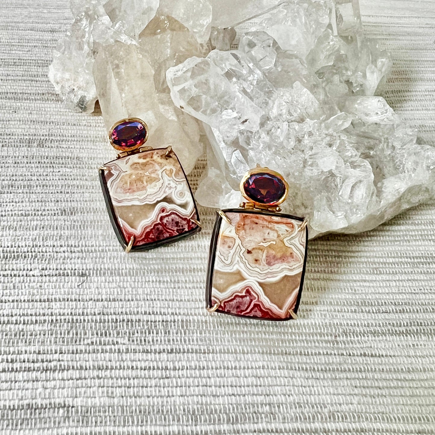 14k Gold, Sterling Silver, Crazy Lace Agate + Pink Tourmaline Statement Post Earrings