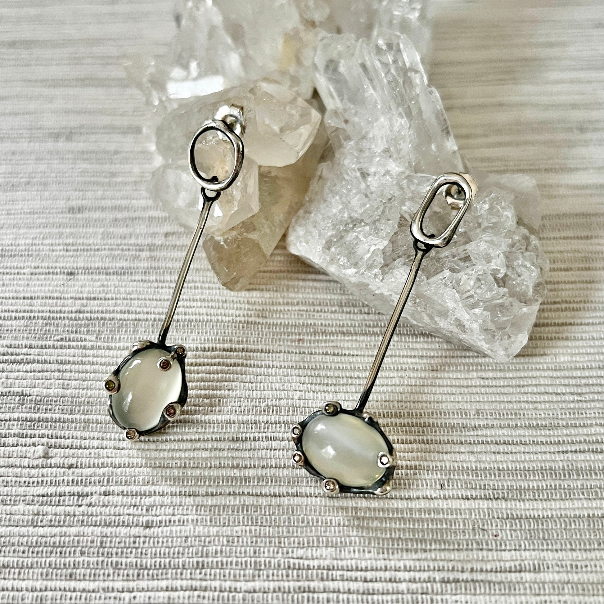 Mismatched Oxidized Sterling Silver Drop Earrings with Grey Moonstone, Brown + Yellow Diamonds