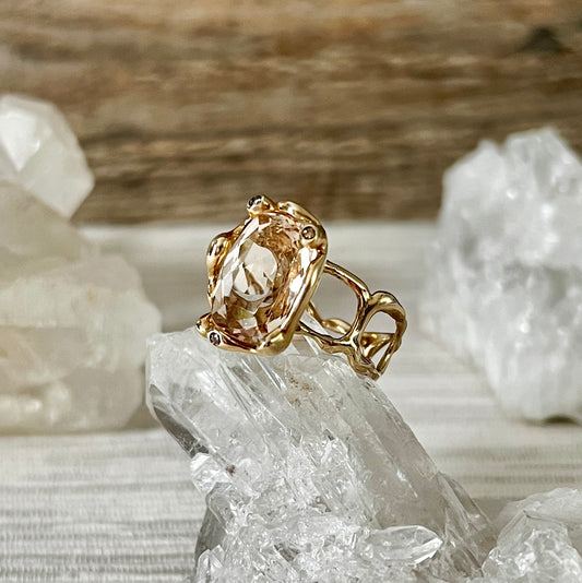 Hand-Cast Organic 14K Gold + Morganite Statement Ring with Champagne + Cognac Diamonds