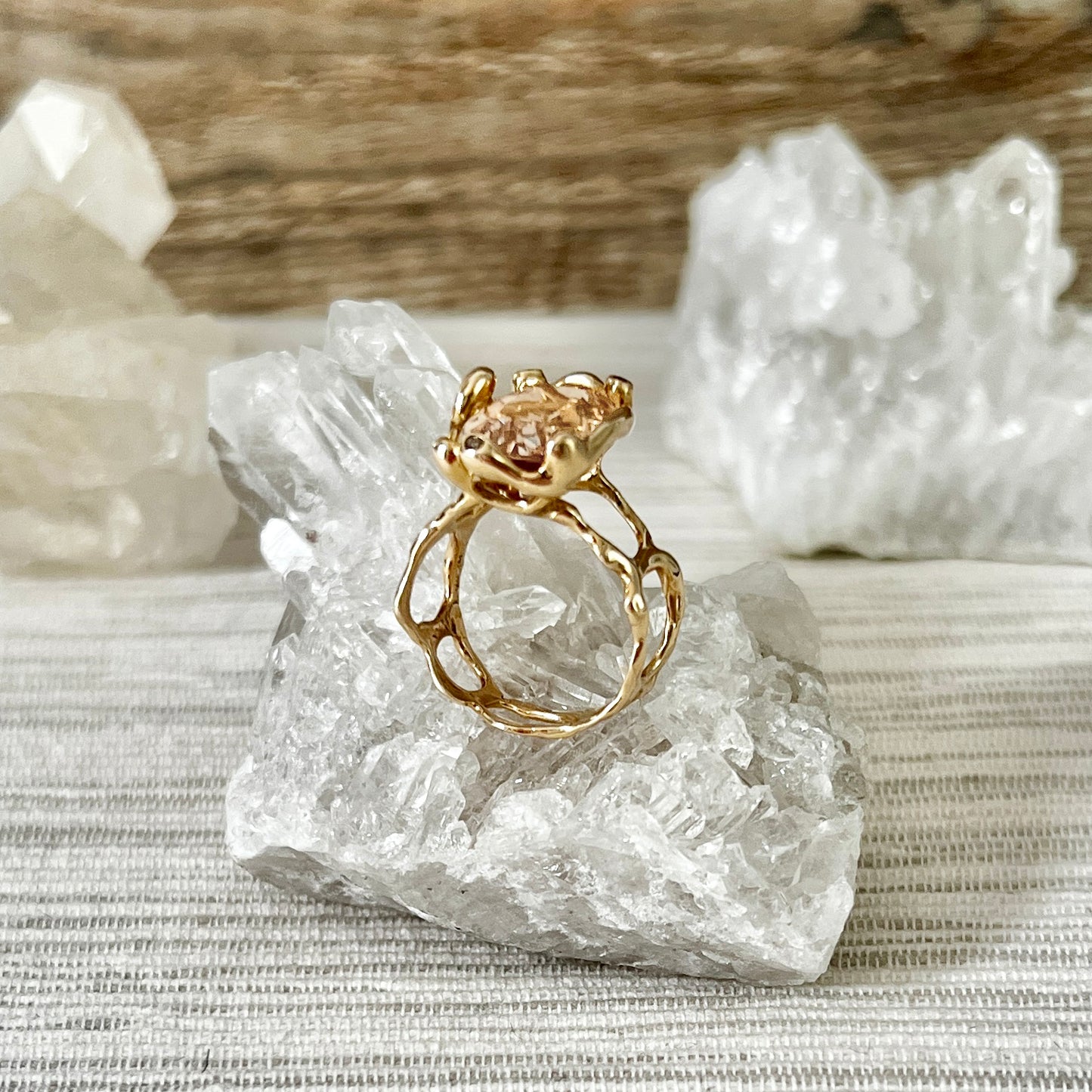 Hand-Cast Organic 14K Gold + Morganite Statement Ring with Champagne + Cognac Diamonds
