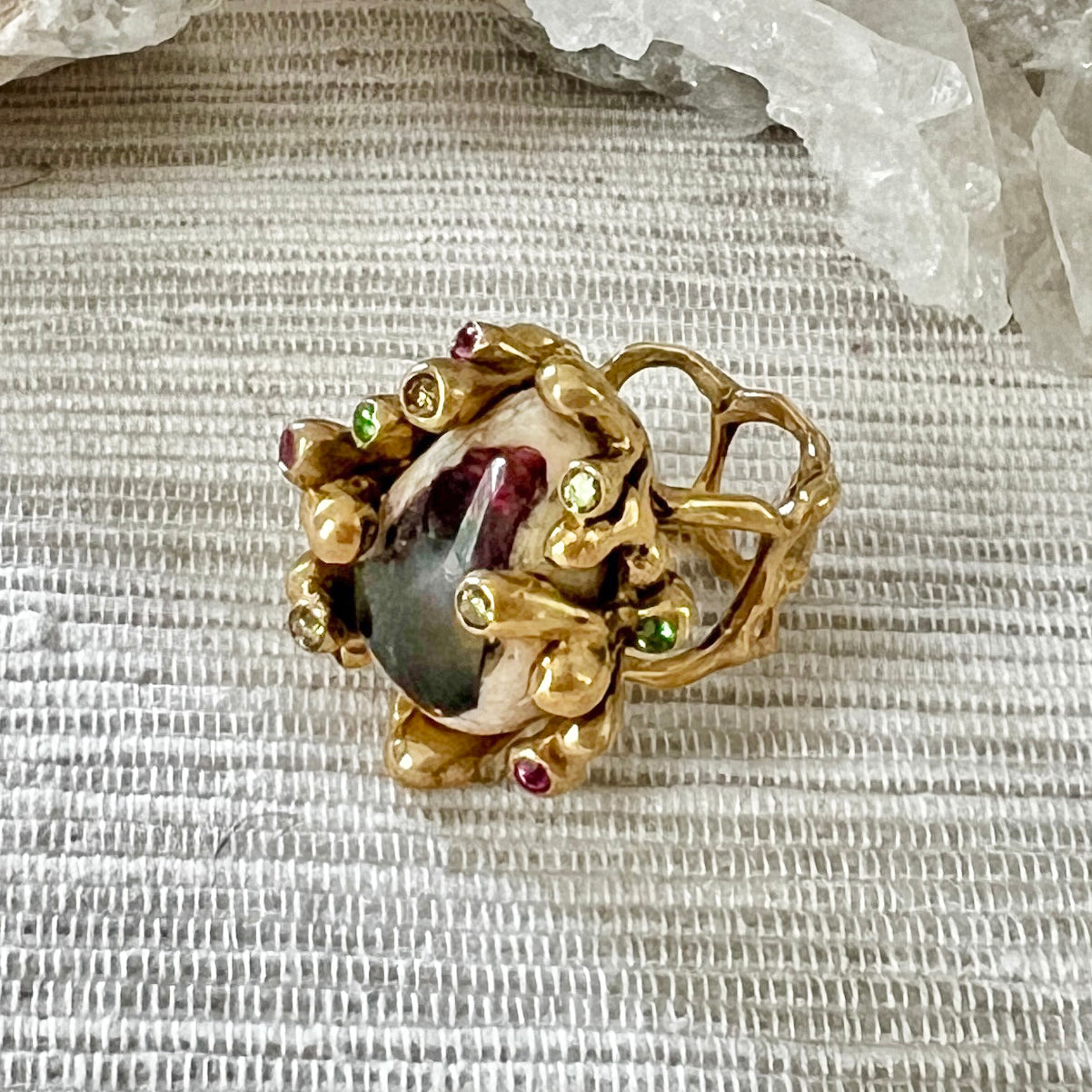 Hand-Cast Organic Bronze + Galaxy Opal Statement Ring with Sapphires + Tsavorites