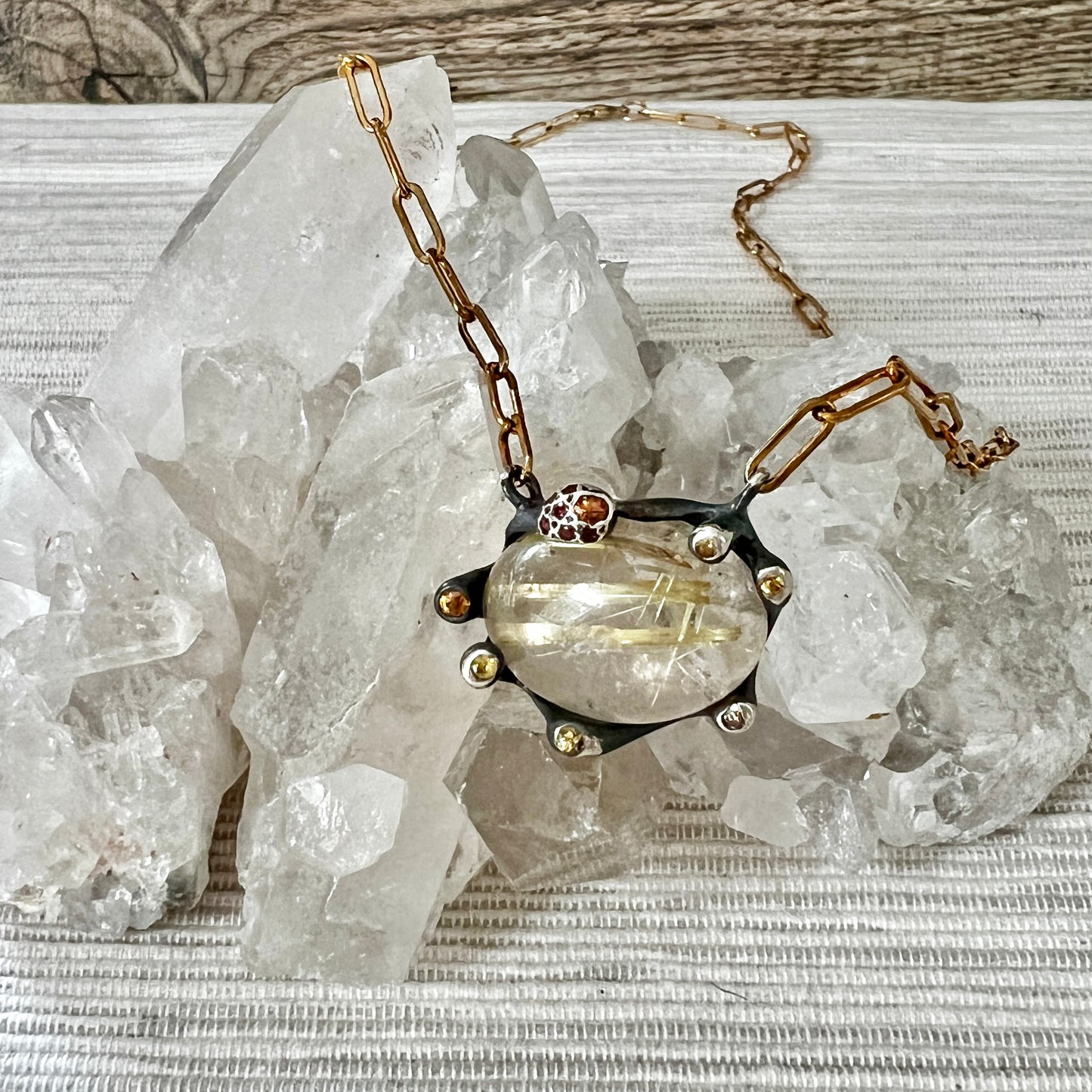 Mixed Metal Pendant Necklace with Rutilated Quartz, Yellow Sapphires + Garnet