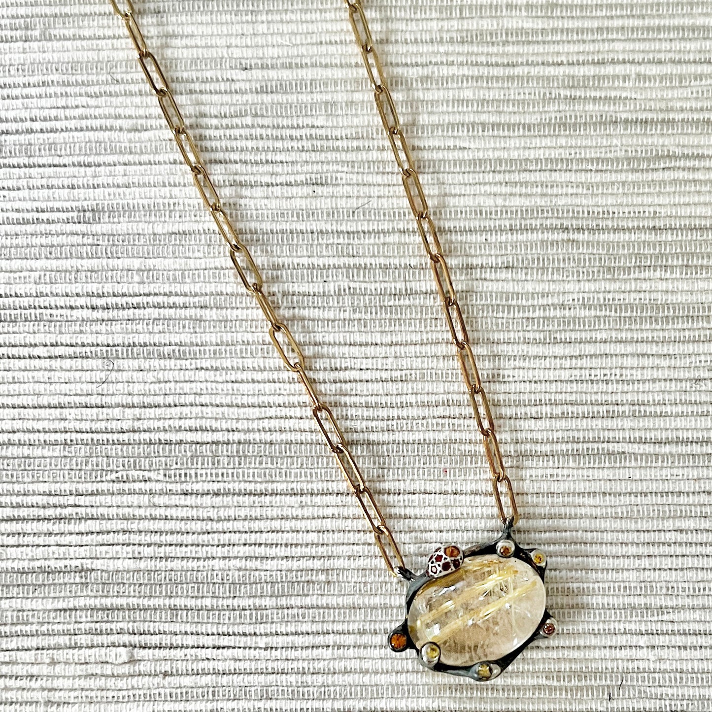 Mixed Metal Pendant Necklace with Rutilated Quartz, Yellow Sapphires + Garnet