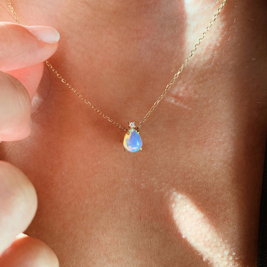 14k Gold, Dainty Pear-Cut Opal + Diamond Pendant Necklace