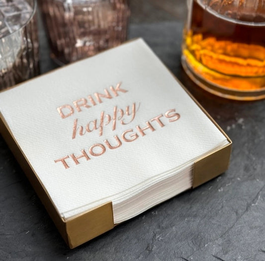Cocktail Napkin + Brass Tray Hostess Set - Drink Happy Thoughts