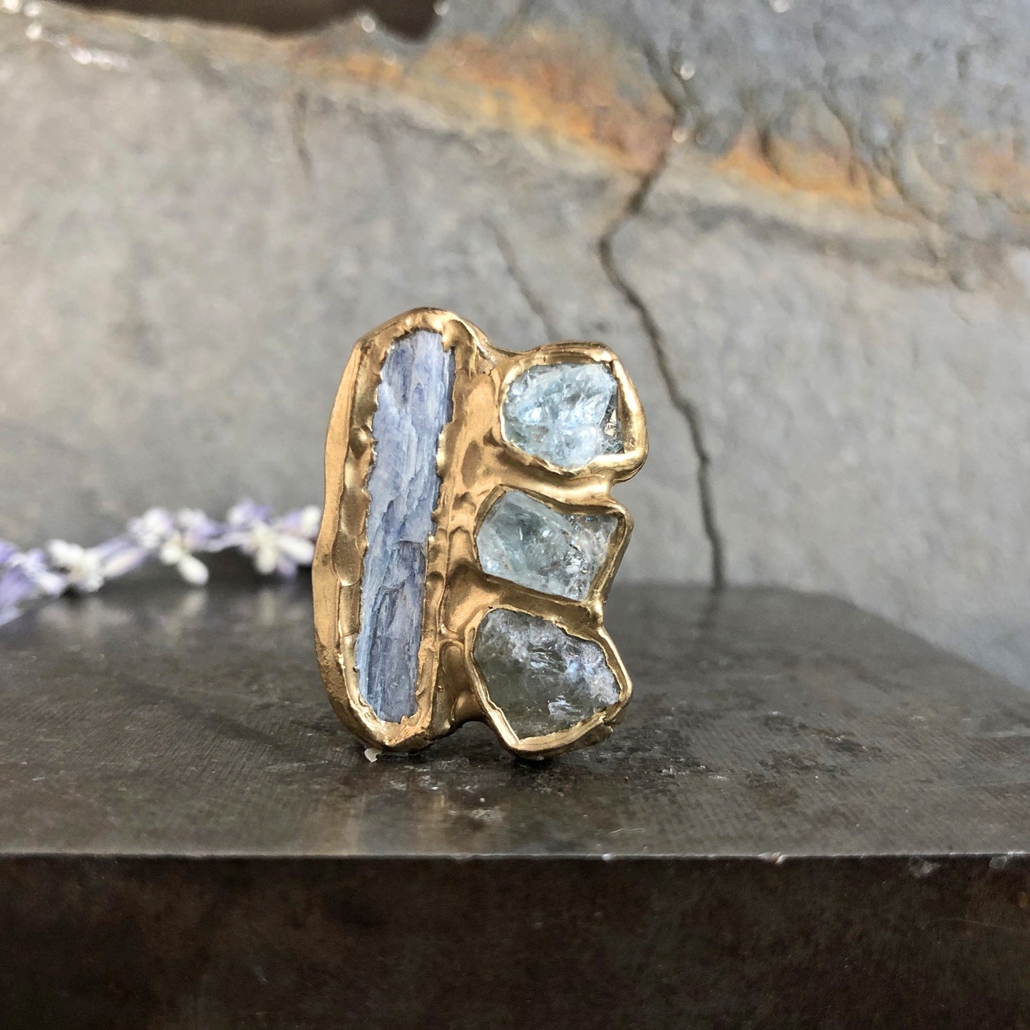 Brass, Kyanite + Aquamarine 'Crest' Cocktail Ring