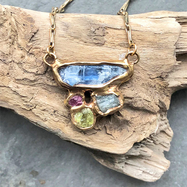Brass, Kyanite, Aquamarine, Ruby + Grossular Garnet 'Terra' Pendant Necklace