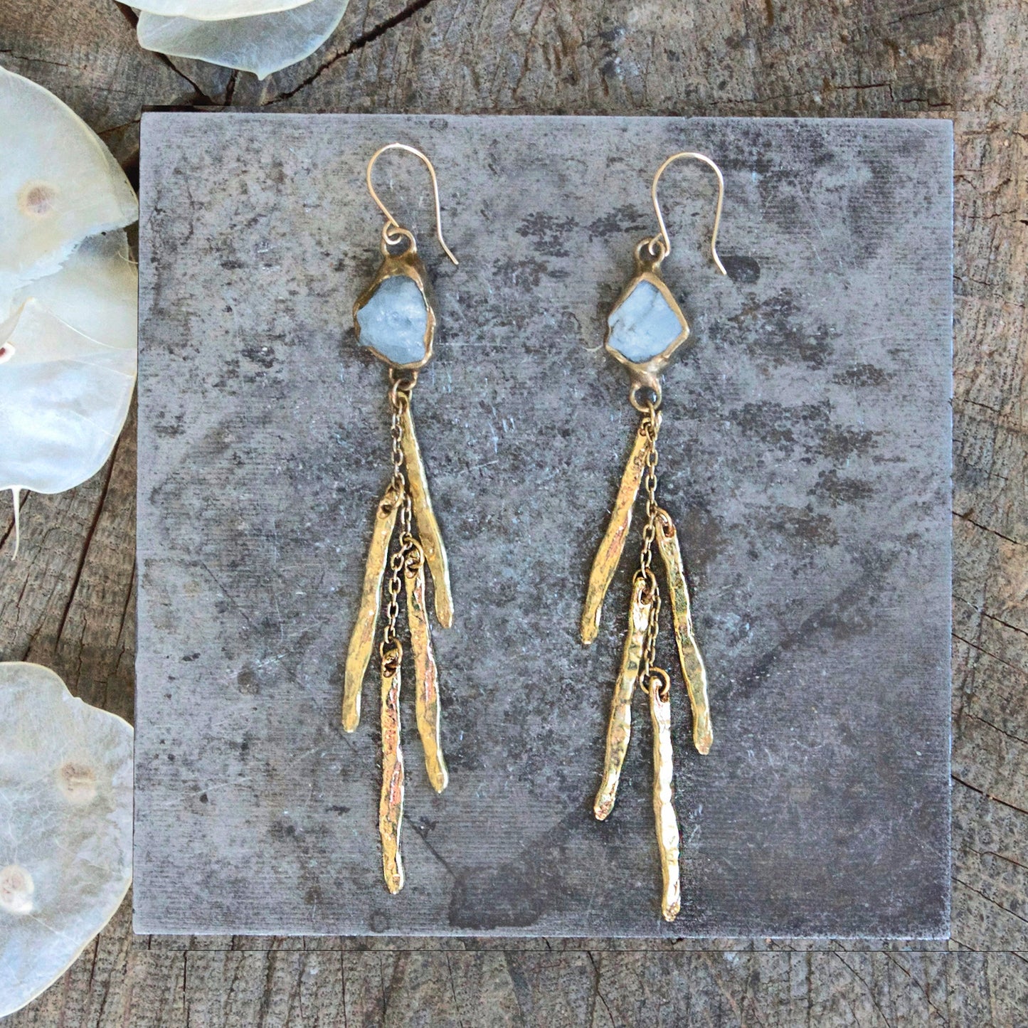 Raw Aquamarine + Brass Dangle Earrings