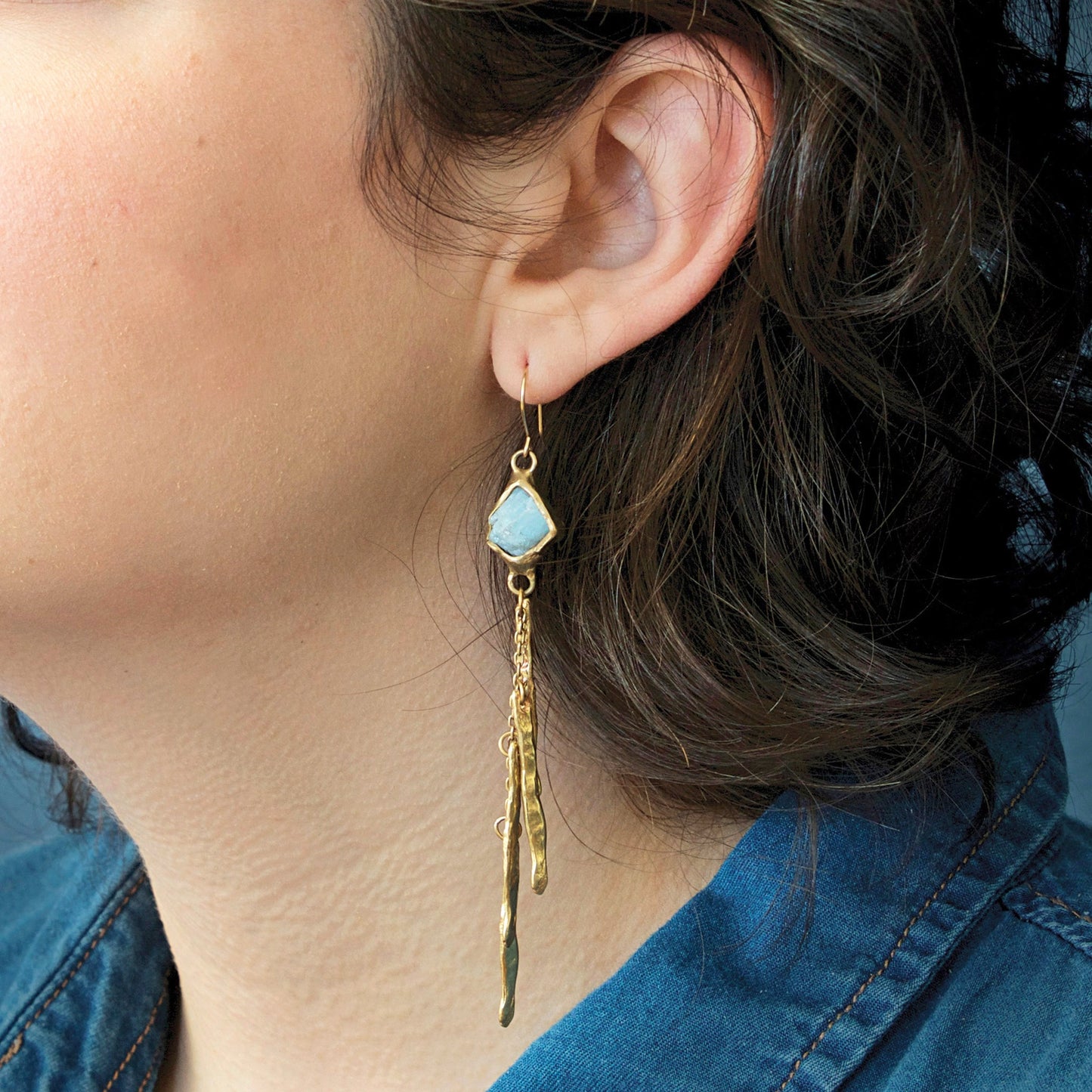 Raw Aquamarine + Brass Dangle Earrings