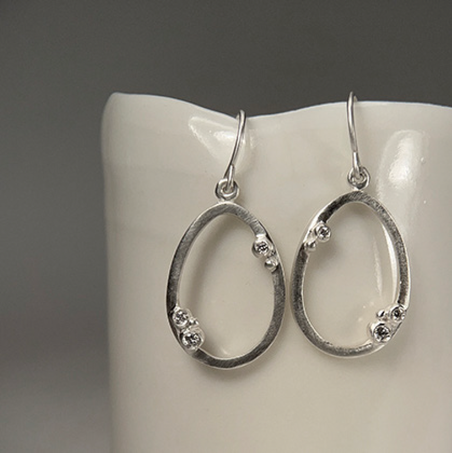 Sterling Silver + Diamond Encrusted Outlined Egg Earrings