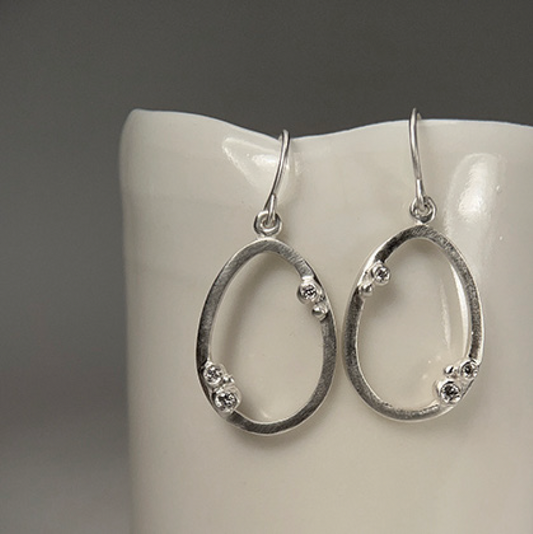 Sterling Silver + Diamond Encrusted Outlined Egg Earrings