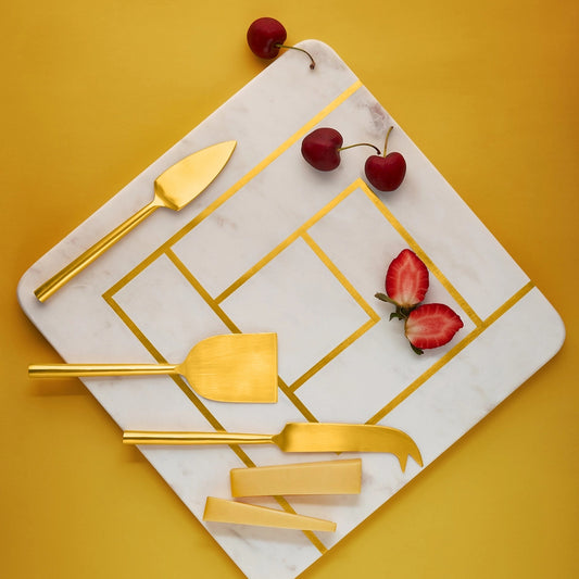 White Marble Square Board with Brass Inlay + 3 Cheese Knives