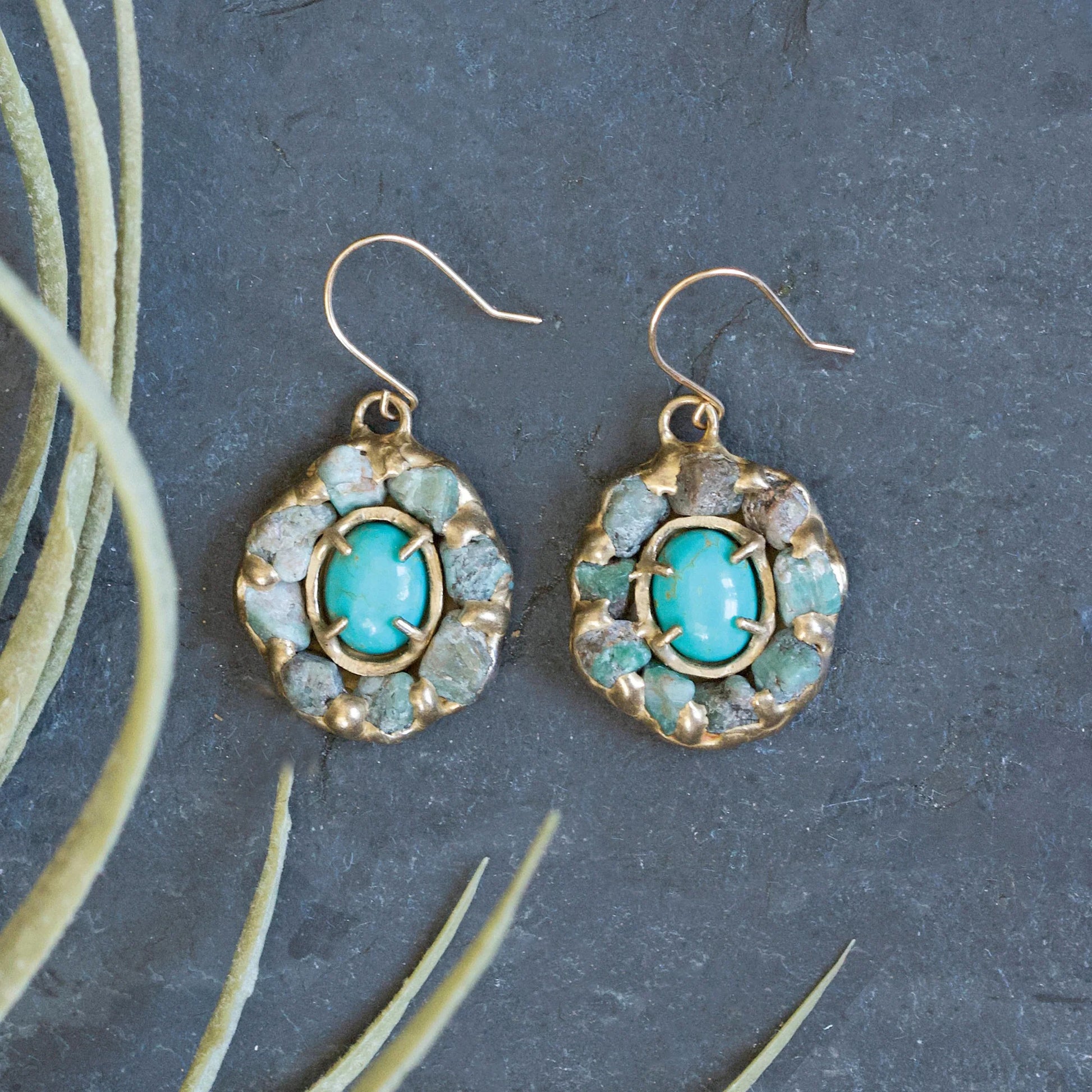 Turquoise, Raw Emerald + Brass 'Algae Bloom' Dangle Earrings
