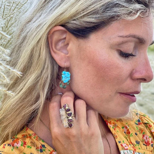 Turquoise, Raw Emerald + Brass 'Algae' Dangle Earrings