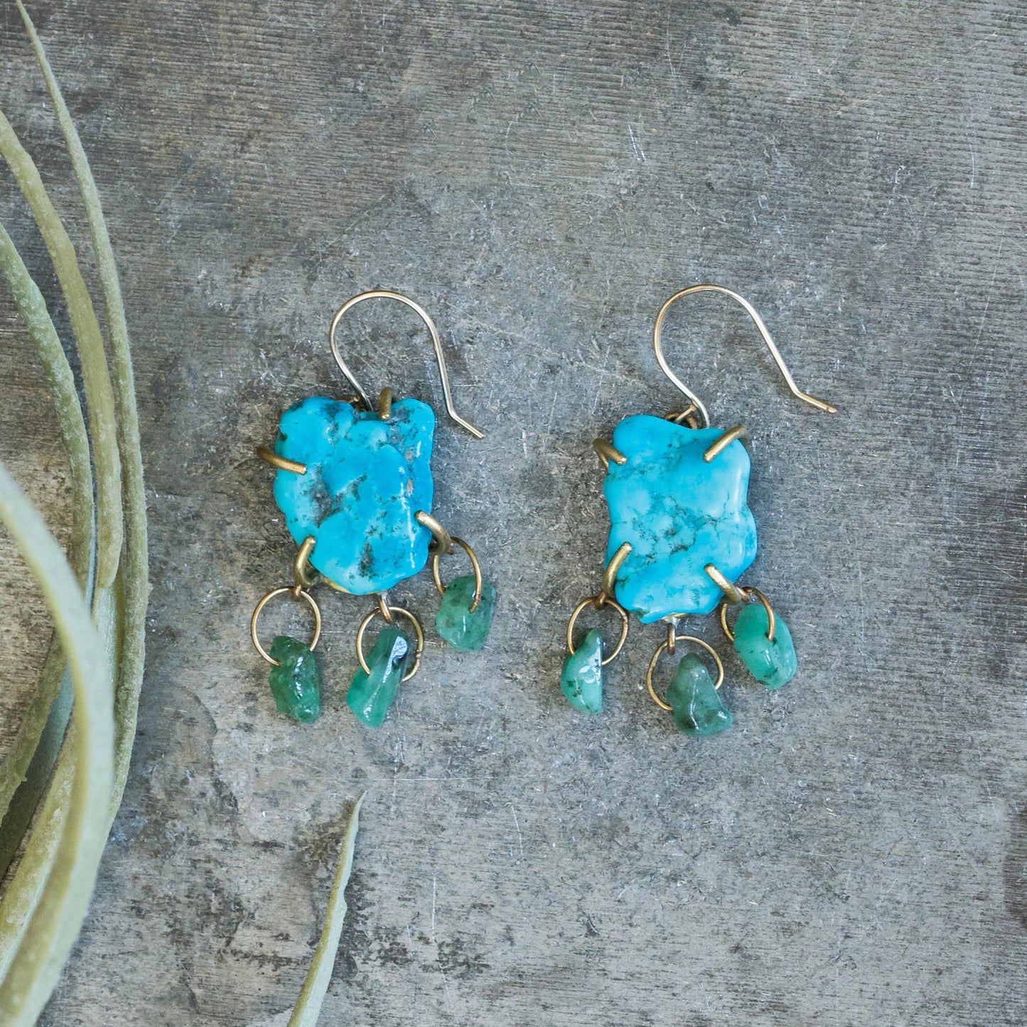 Turquoise, Raw Emerald + Brass 'Algae' Dangle Earrings