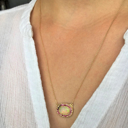 14k Gold 'Looking Glass' Necklace with Opal + Pink Sapphire Pendant